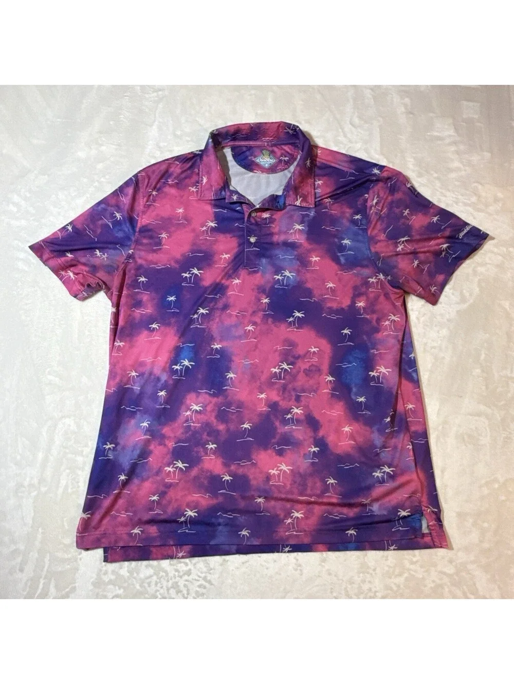Chubbies Performance Polo Shirt Men's XL Pink and Purple Palm Tree AOP Beach